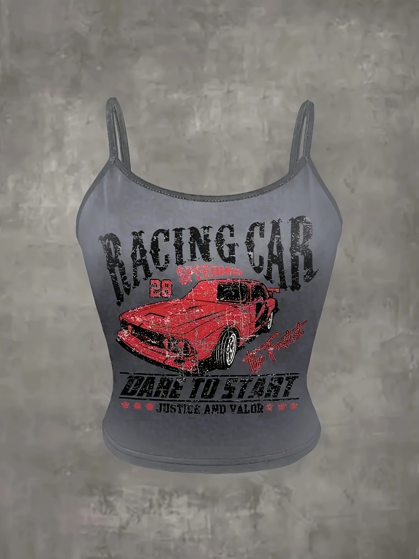 Y2K Style Racing Car Print Crop Top, Sleeveless Spaghetti Strap Tank Top for Women, Summer Letter & Symbol Design, Fashionable & Trendy, No Underwire, Y2K Fashion